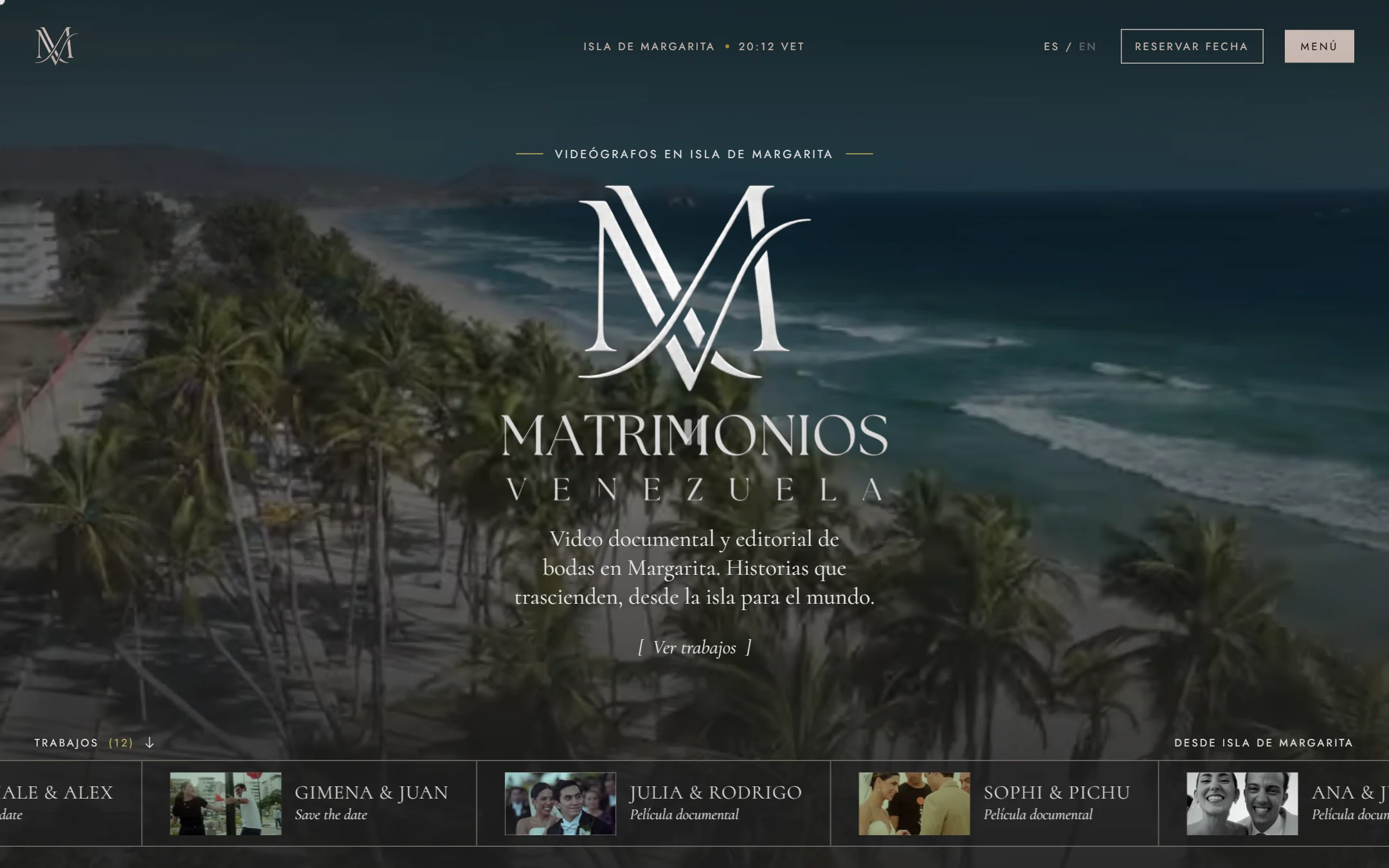 Matrimonios Venezuela — A cinematic portfolio for a wedding film studio: the films lead, and the site feels as considered as they are.